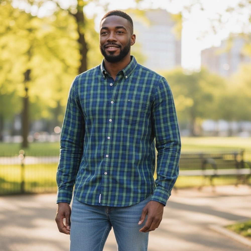 Abercrombie & Fitch Mens Muscle Fit Plaid Button Down Shirt Blue Green Medium